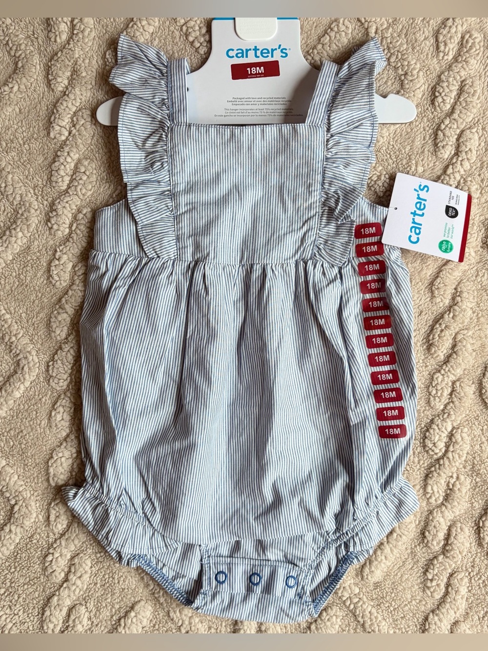 Carter’s Girl 18M Bubble Romper - NWT Striped Ruffle Sleeve One Piece W/ Snaps